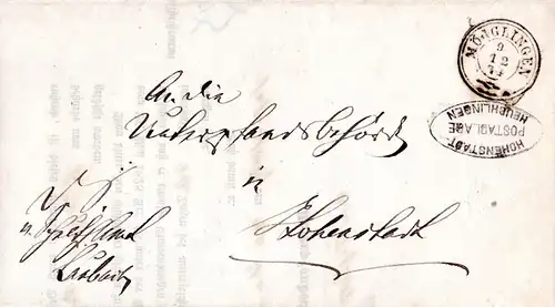 Württemberg 1874, Postablage Heuchlingen u. innen K3 Hohenstadt auf Wende Brief 