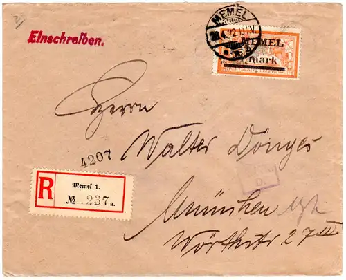 Memel 1922, 4 M. auf Einschreiben Brief m. Zensur n. München 