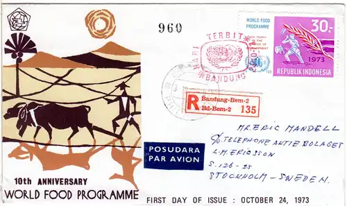 Indonesien 1974, 30 R. Welternährungsprogramm  u.a. rs. auf Reko-FDC n. Schweden