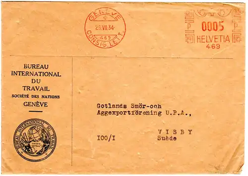 Schweiz 1934, Bureau Int. Du Travail Umschlag m. Geneve Consig Lett. Freistempel