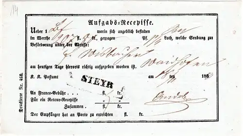 Österreich 1863, L1 Steyr klar auf Aufgabs-Recepisse, gut erhaltener Postschein 