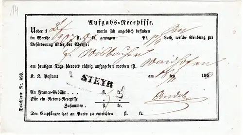 Österreich 1863, L1 Steyr klar auf Aufgabs-Recepisse, gut erhaltener Postschein