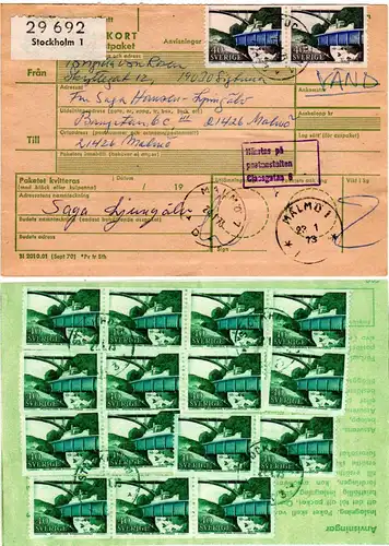 Schweden 1973, MeF 17x40 öre Dalslands Kanal vorder- u. rücks. auf Paketkarte