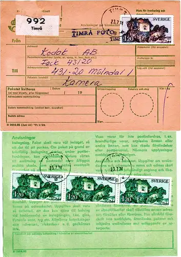 Schweden 1974, MeF 4x1,20 Kr. Postkutsche vorder- u. rücks. auf Paketkarte