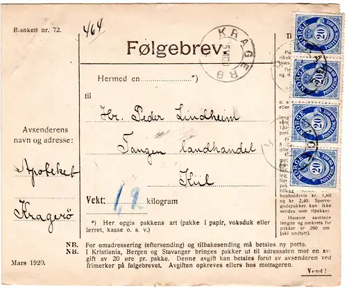 Norwegen 1920, MeF 4er-Streifen 20 öre auf Paketkarte v. Kragerö