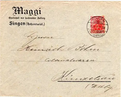 DR 1913, 10 Pf. m. perfin auf Maggi Firmen Brief v. Singen