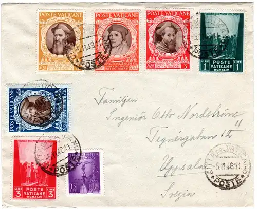 Vatikan 1948, 7 Marken auf Brief n. Schweden.