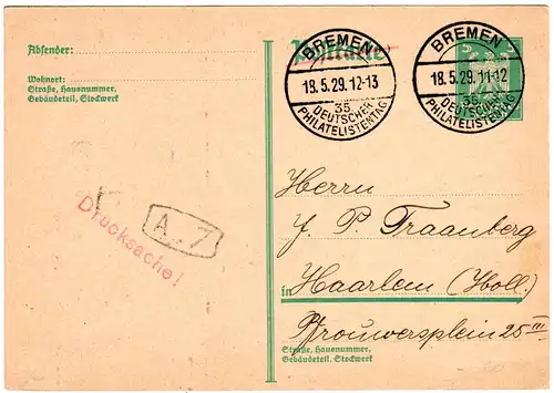 DR 1929, Sonderstpl. BREMEN 35. DEUTSCHER PHILATELISTENTAG auf Ganzsache i.d. NL