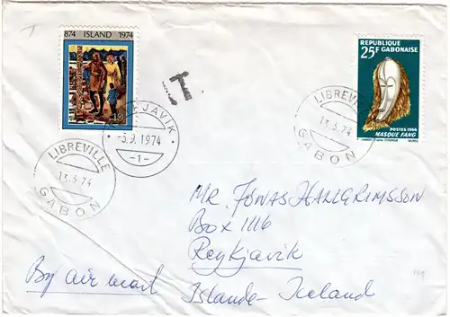 Gabun 1974, 25 F. auf Brief v. Libreville m. Island 10 Kr. als Portmarke!