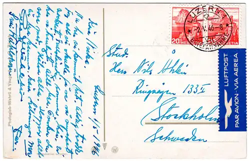 Schweiz 1946, MeF Paar 20 C. auf Luftpost Karte v. Luzern n. Schweden.