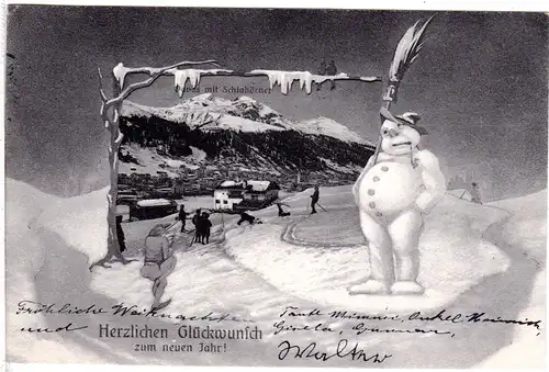 Schweiz, Davos, Glückwunsch zum neuen Jahr m. Schneemann, 1906 gebr. sw-AK