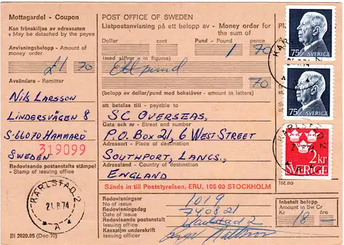 Schweden 1974, 2x75 öre+2 Kr. auf Internat. Postanweisung v. Karlstad n. GB