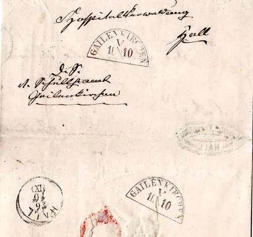 Württemberg, Bahnstpl. Gailenkirchen auf 2mal gebr. Wendebriefhülle n. Hall.