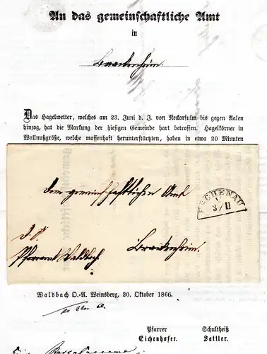 Württemberg 1866, Bahnstpl. Eschenau auf Hagelschaden Spenden-Brief v. Waldbach