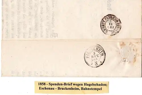 Württemberg 1866, Bahnstpl. Eschenau auf Hagelschaden Spenden-Brief v. Waldbach