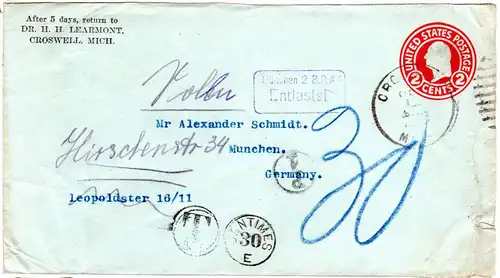 Bayern 1912, R2 München Entlasted auf Brief v. Croswell USA m. Porto Stpl.