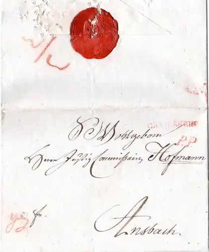 Württemberg 1815, roter L1 CRAILSHEIM u. P.P. auf Franko Brief n. Ansbach Bayern