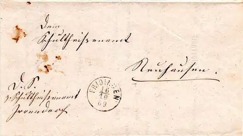Württemberg 1869, Postablage Neuhausen u. innen K1 Fridingen auf Wende Brief 