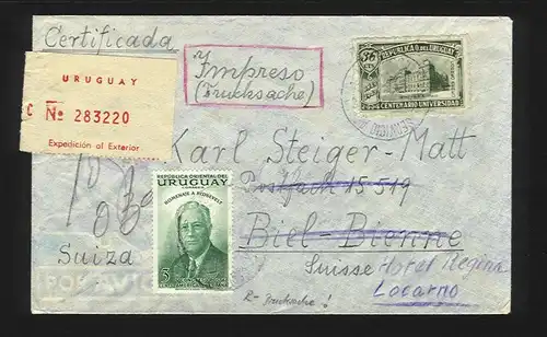 Uruguay Schweiz 1953, Drucksache Einschreiben Luftpost Brief v Montevideo. #1216