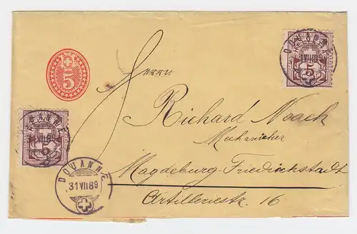 Schweiz 1889, 5 C. Ganzsache Streifband m. Zusatz v. Douanne n. Magdeburg. #2337