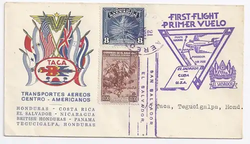 El Salvador Honduras 1943, Primer Vuelo, Erstflug Brief m. Ankunftstempel. #1553
