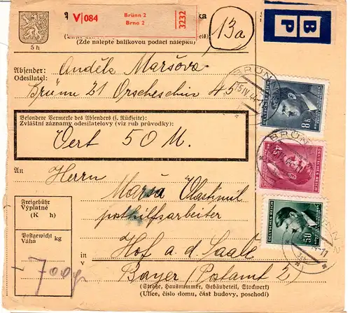 Böhmen und Mähren 1944, 8+4 K.+50 H. auf Wert Paketkarte v. Brünn n. Hof.