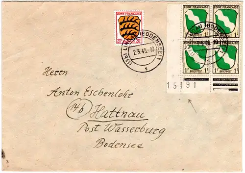Franz. Zone 1948, 20+Eckrand 4er-Block 1 Pf. m. Druckdatum auf Brief v. Lindau