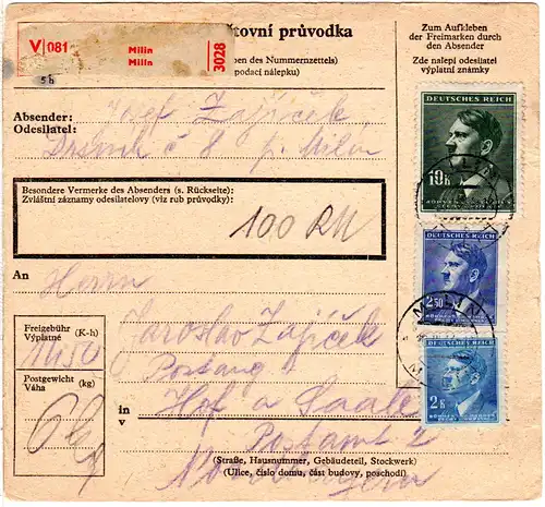 Böhmen und Mähren 1944, 10+2,50+2 K. auf Wert Paketkarte v. Milin n. Hof.
