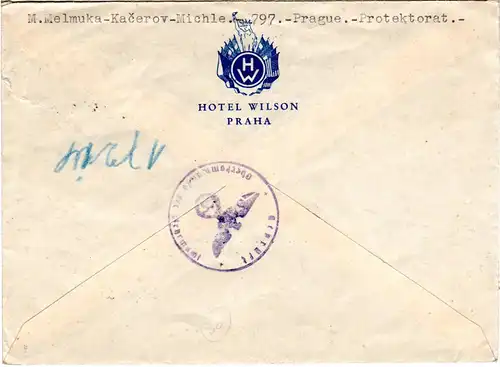 Böhmen und Mähren 1940, 5 K.+50 H. auf Reko Zensur Brief v. Prag n. Frankreich