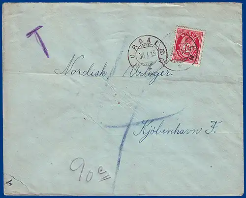 Norwegen 1919, Hurdalen (Akh), "T" Porto Brief nach Dänemark. #S804