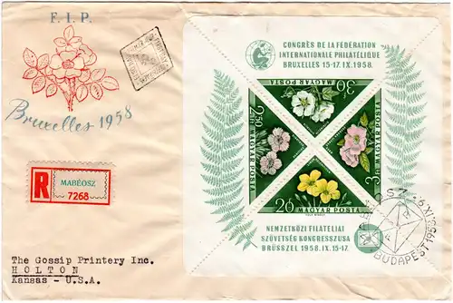 Ungarn 1958, Block 28 A Blumen auf Einschreiben Brief v. Mabeosz n. USA