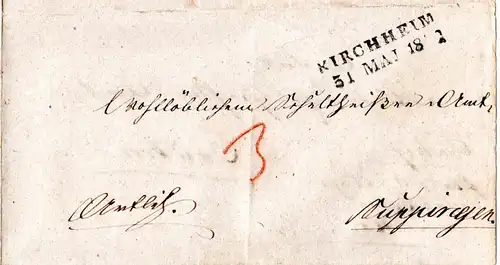 Württemberg 1842, L2 KIRCHHEIM u. innen BLAUBEUREN auf Wende-Brief 