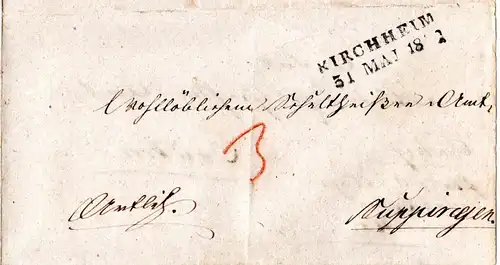 Württemberg 1842, L2 KIRCHHEIM u. innen BLAUBEUREN auf Wende-Brief