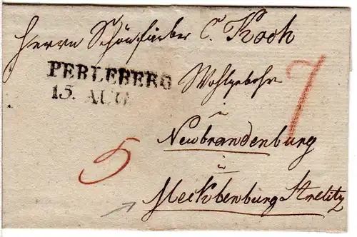 Preussen, L2 PERLEBERG klar auf Porto Brief n. Mecklenburg-Strelitz. Geprüft.