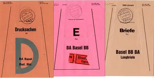 BRD 1986, Lörrach, 3 Briefbundfahnen f. Sendungen n. Basel Bad. Bahnhof, Schweiz