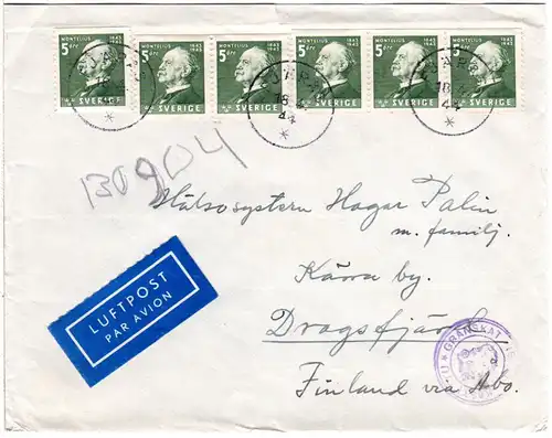 Schweden 1944, MeF 6x5 öre auf Luftpost Zensur Brief v. Fjäras n. Finnland
