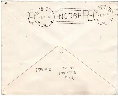 Dänemark 1938, 5 öre DFU Frim. Uttst., 2 Viererblöcke auf Reko FDC n. Norwegen