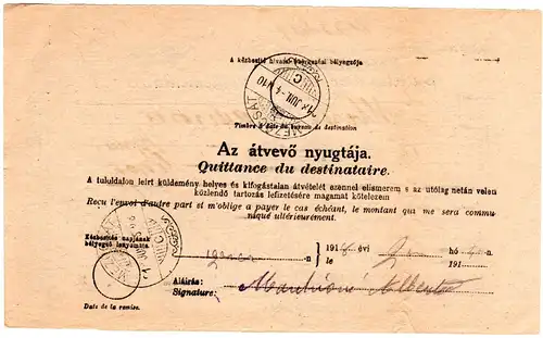 Ungarn 1918, Postschein m. diversen vorder- u. rücks. Stempeln
