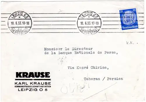 DR 1933, 25 Pf. Hindenburg m. perfin K.K. auf Firmen Brief v. Leipzig n. Persien