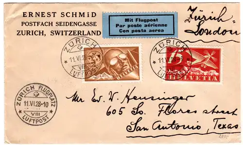 Schweiz 1928, 15+35 C. Flugmarken auf Luftpost Brief v. Zürich via London n. USA