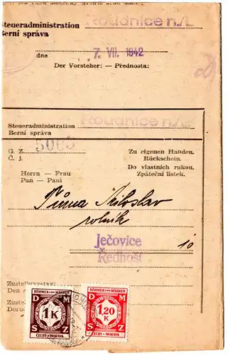 Böhmen und Mähren 1942, 1+1,20 K. Dienst auf Steueradmistration Brief v. Radnitz