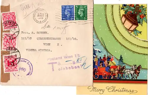 GB 1950, 1/2+2 1/2d auf Brief v. Paddington m. 3 Österreich Portomarken