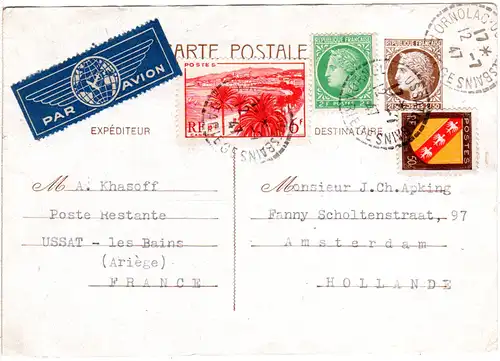Frankreich 1947, 2,50 F. Ganzsache m. Zusatzfr. per Luftpost v. Ussat i.d. NL
