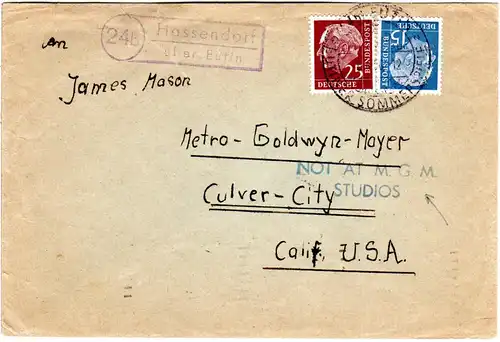 BRD 1956, Landpoststpl. 24b HASSENDORF über Eutin auf Brief an James Mason, USA