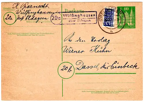 BRD 1950, Landpost Stpl. 20a WÜLFINGHAUSEN über Eldagsen auf 10 Pf. Ganzsache