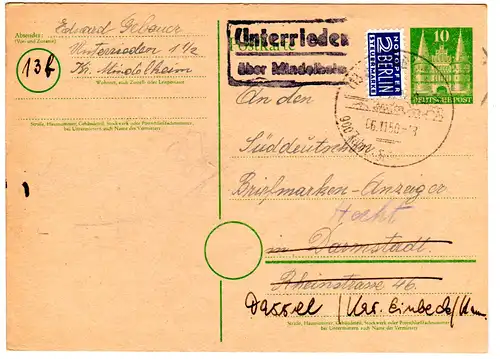 BRD 1950, Landpost Stpl. UNTERRIEDEN über Mindelheim auf 10 Pf. Ganzsache