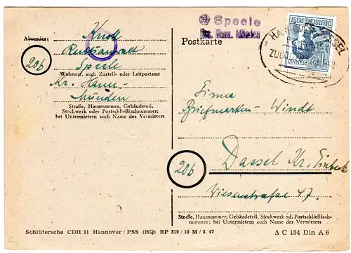 1948, Landpost Stempel 20b SPEELE Krs. Hann. Münden auf Karte m. Bahnpoststempel