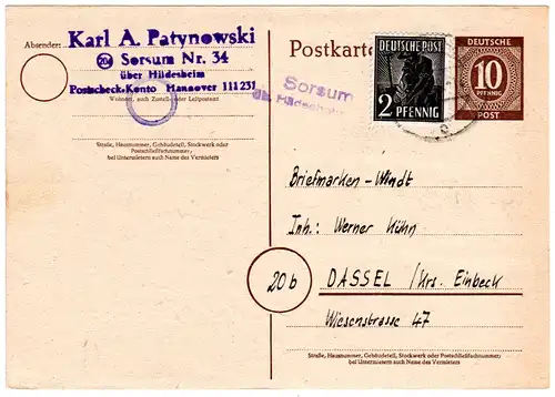 1948, Landpost Stempel SORSUM üb. Hildesheim auf Ganzsache m. Zusatzfr.