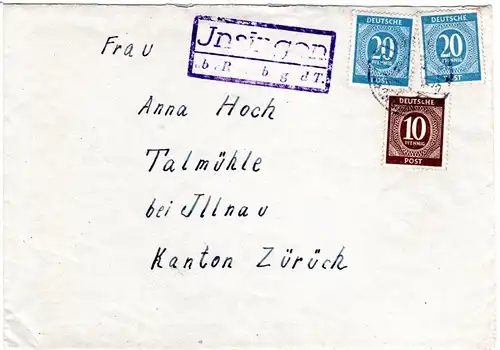1947, Landpost Stpl. INSINGEN über Rothenburg o.d. T. auf Brief m. 10+2x20 Pf.