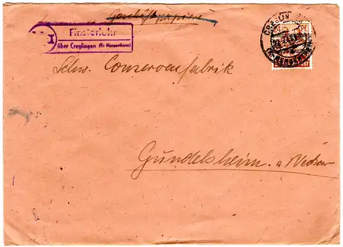 194, Landpost 14a Stpl. FINSTERLOHR über Creglingen auf Brief m. 24 Pf.